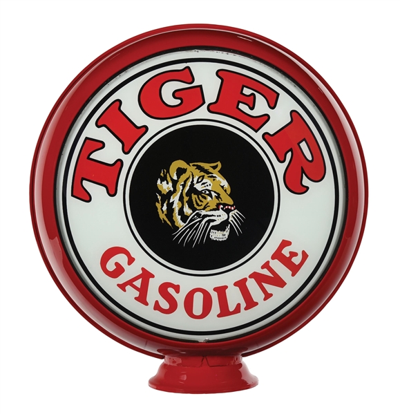 RARE & OUTSTANDING TIGER GASOLINE 15" SINGLE GLOBE LENS ON METAL HIGH PROFILE BODY.