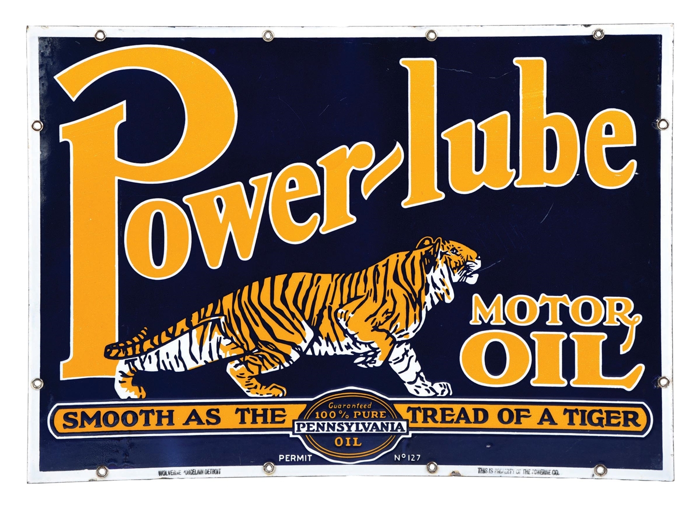 POWERLUBE MOTOR OIL PORCELAIN SIGN W/ TIGER GRAPHIC. 