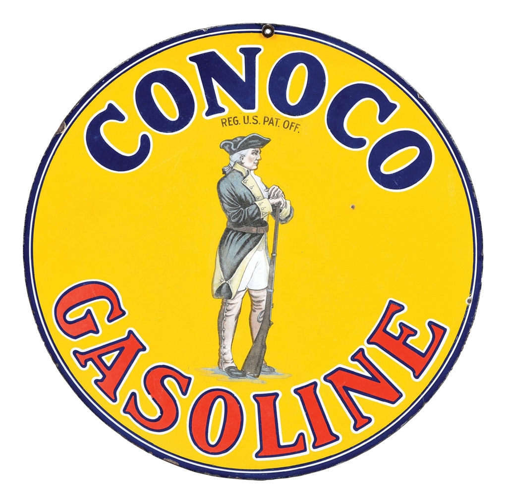 CONOCO GASOLINE PORCELAIN SIGN W/ MINUTEMAN GRAPHIC. 