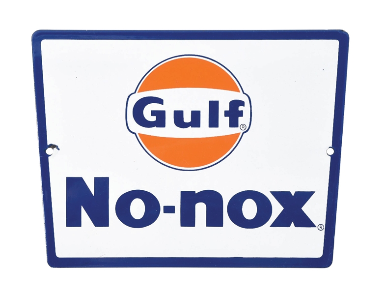 GULF NO-NOX GASOLINE PORCELAIN PUMP PLATE SIGN