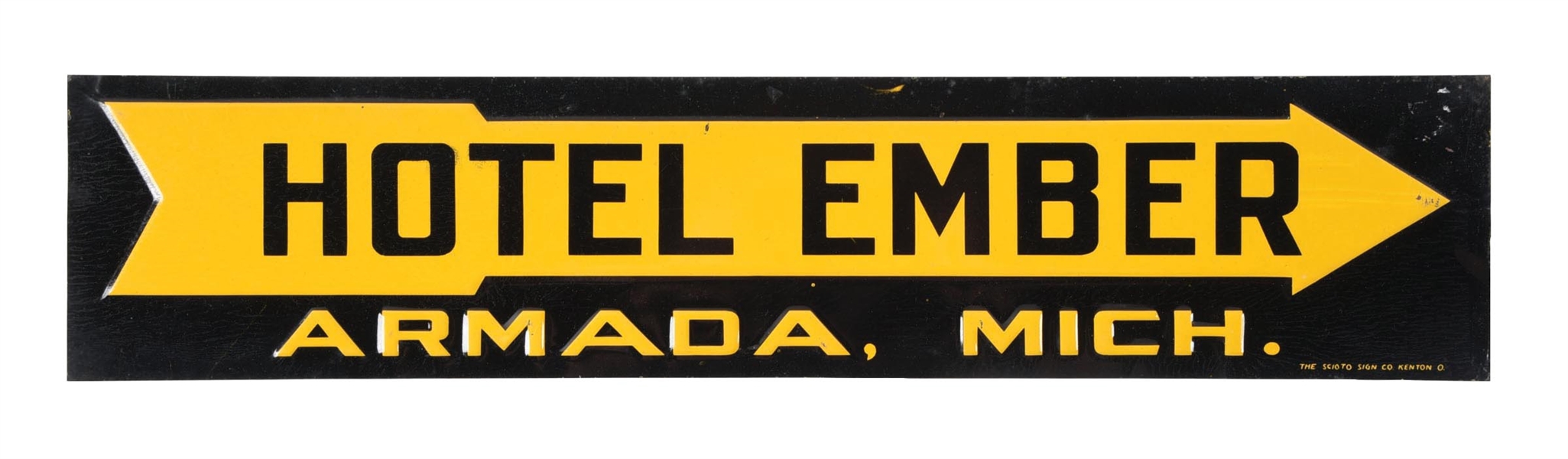 N.O.S. HOTEL EMBER ARMADA, MICHIGAN EMBOSSED TIN TACKER SIGN