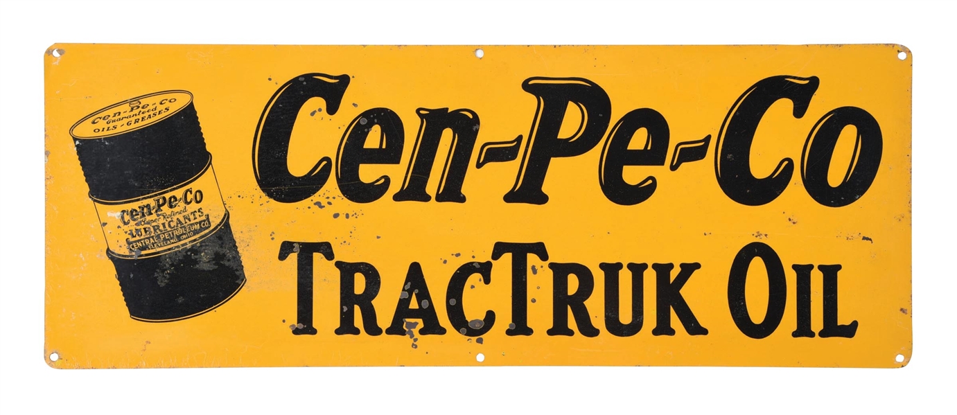 CEN-PE-CO TRACTRUK MOTOR OILS TIN SIGN W/ OIL BARREL GRAPHIC