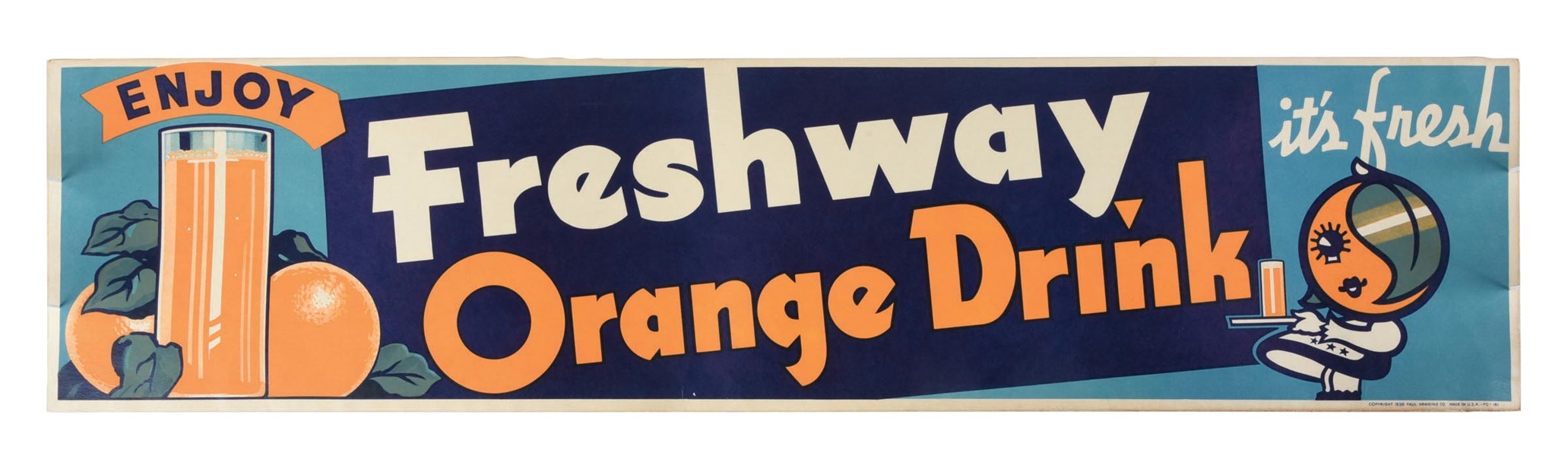 N.O.S. ENJOY FRESHWAY ORANGE DRINK SODA POP SIGN W/ ORANGE GRAPHIC 