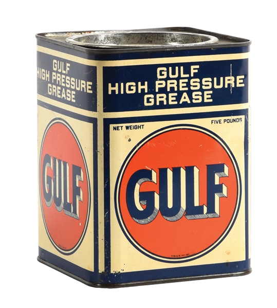 GULF HIGH PRESSURE GREASE FIVE POUND SQUARE CAN W/ SHADED LETTERING 