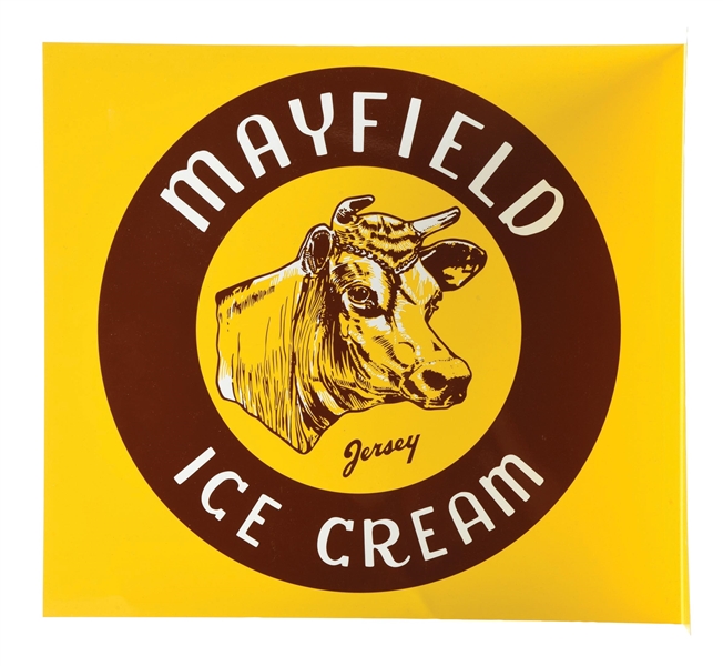 N.O.S. MAYFIELD JERSEY ICE CREAM TIN FLANGE SIGN W/ COW GRAPHIC 