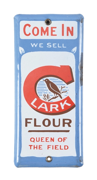 RARE COME IN WE SELL CLARK FLOUR PORCELAIN DOOR PUSH W/ BIRD GRAPHIC 