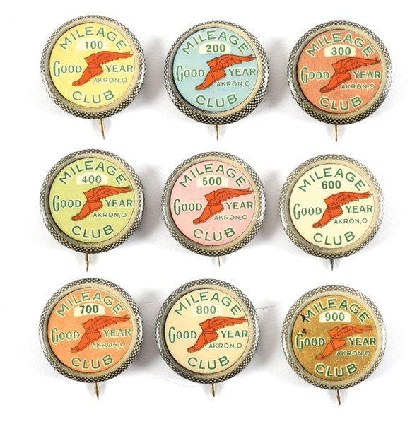 RARE GOODYEAR MILEAGE CLUB SET OF NINE PIN BACK BUTTONS 