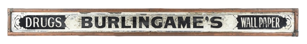 GLASS BURLINGAMES DRUGS & WALL PAPER SIGN W/ ORIGINAL COPPER FRAME. 