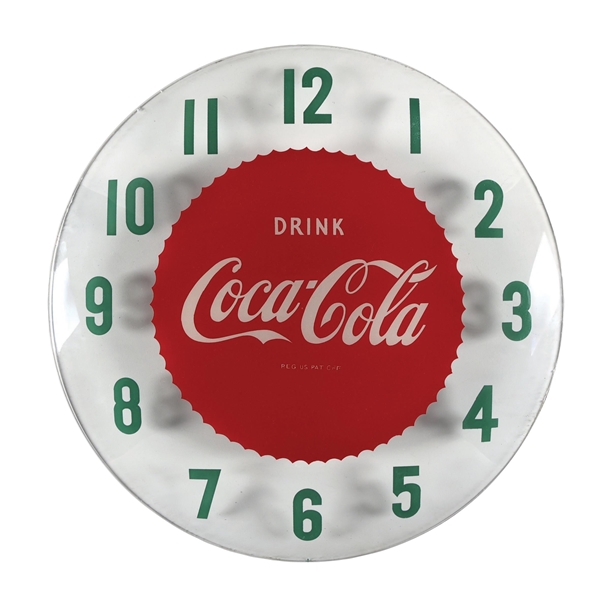 DRINK COCA-COLA SAWTOOTH GLASS CLOCK FACE.