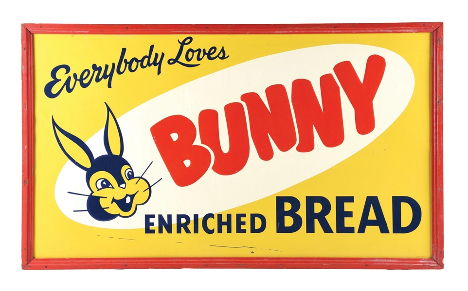 EVERYBODY LOVES BUNNY BREAD SIGN W/ ORIGINAL WOOD FRAME.