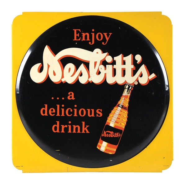 ENJOY NESSBITTS TIN SIGN W/ BOTTLE GRAPHIC. 