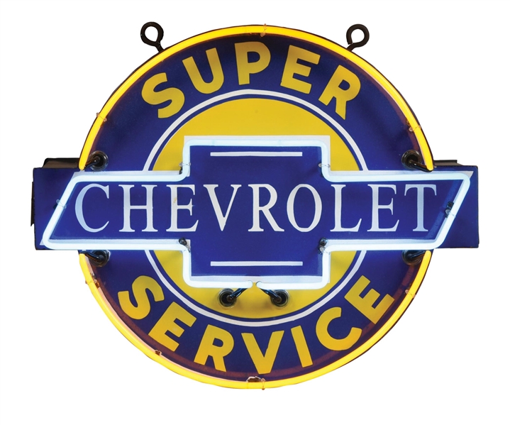 CHEVROLET SUPER SERVICE COMPLETE PORCELAIN NEON SIGN. 