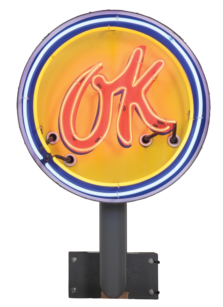 CHEVROLET OK USED CARS PORCELAIN NEON SIGN W/ ORIGINAL CAN & UNIQUE WALL MOUNTING BRACKET. 