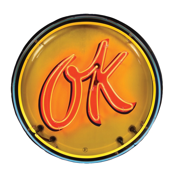 CHEVROLET OK USED CARS PORCELAIN NEON BUTTON SIGN MOUNTED ON ORIGINAL METAL CAN. 