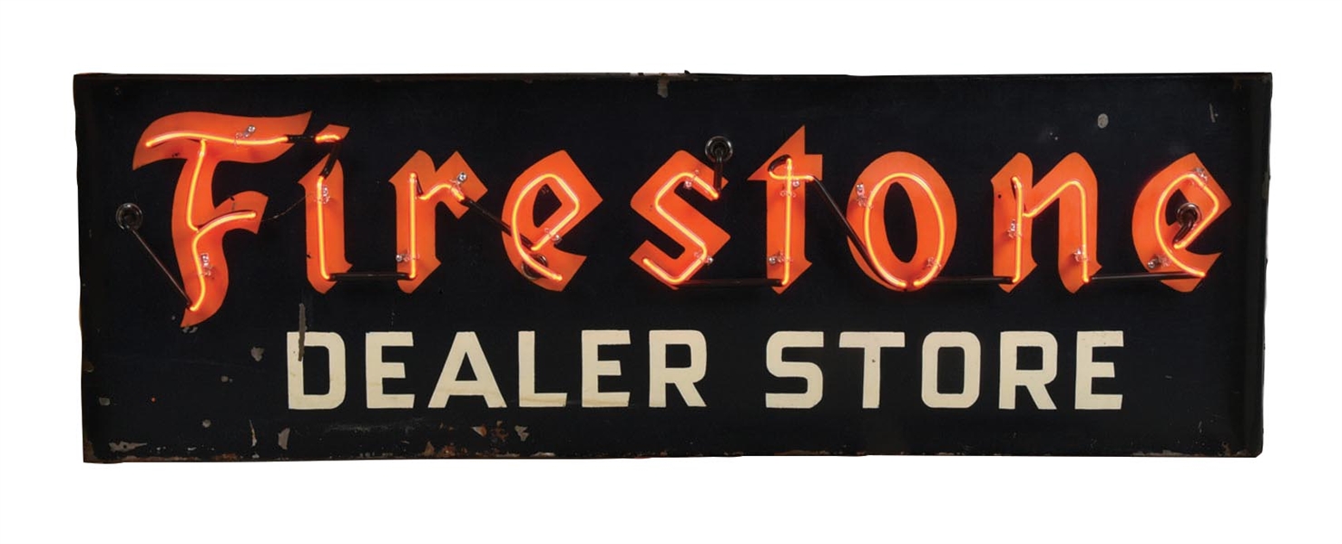 FIRESTONE DEALER STORE TIN SIGN W/ ADDED NEON. 