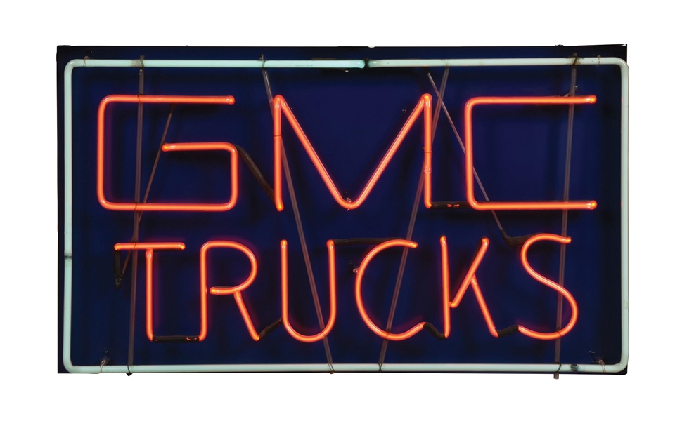 GMC TRUCKS NEON DEALERSHIP SKELTON SIGN W/ METAL BACKING. 