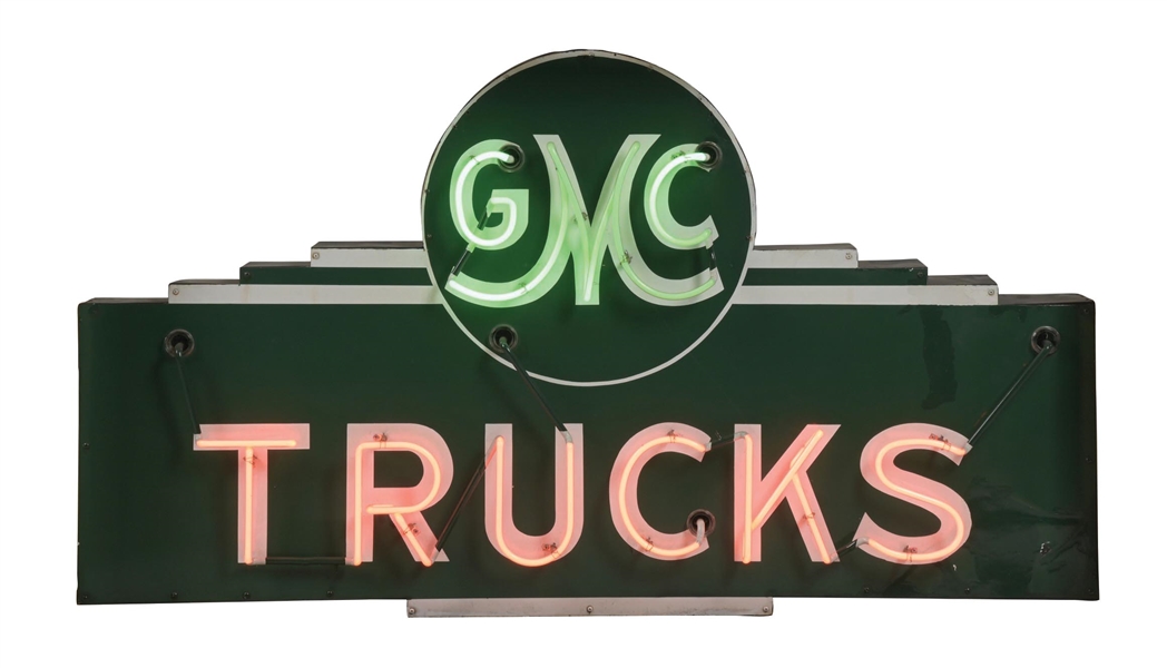 GMC TRUCKS PORCELAIN NEON DEALER SIGN.