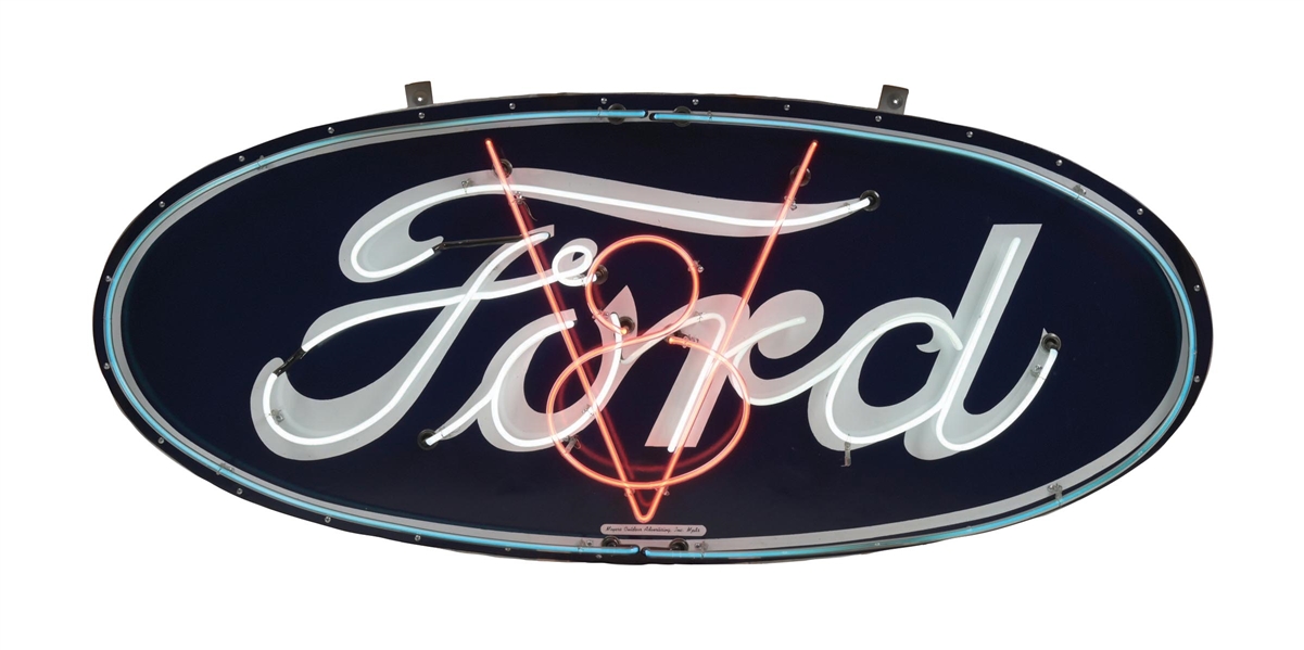 FORD DEALER V8 PORCELAIN OVAL NEON SIGN W/ FLASHING V8 NEON. 