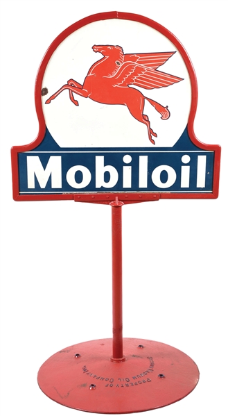 MOBILOIL PORCELAIN CURB SIGN W/ PEGASUS GRAPHIC & BASE.