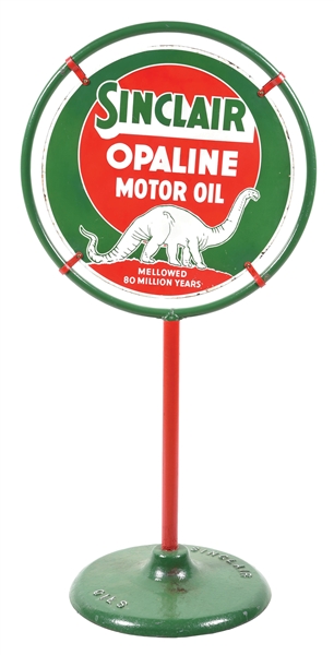 SINCLAIR OPALINE MOTOR OIL PORCELAIN LOLLIPOP SIGN W/ BASE.