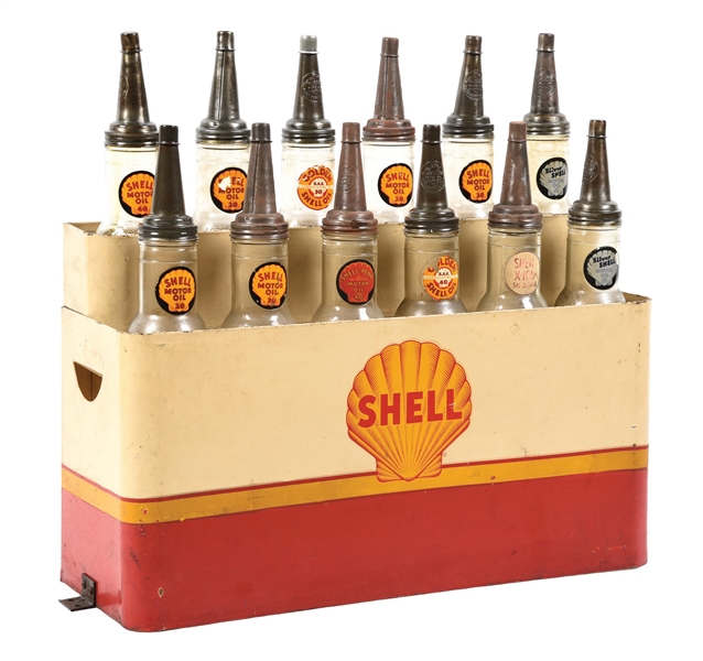 SHELL MOTOR OIL TIN SERVICE STATION BOTTLE RACK COMPLETE WITH ORIGINAL 12 BOTTLES. 