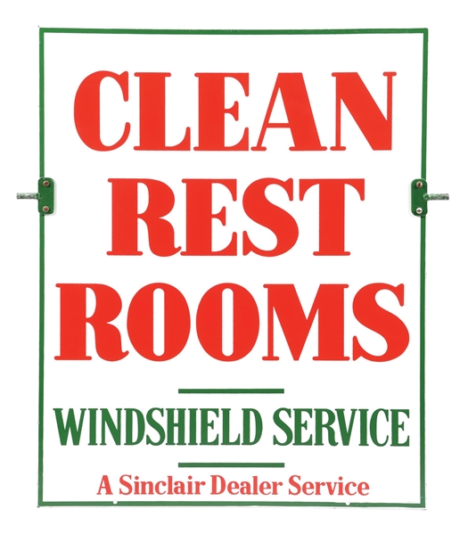 PORCELAIN SINCLAIR CLEAN REST ROOMS SIDE WALK SIGN. 