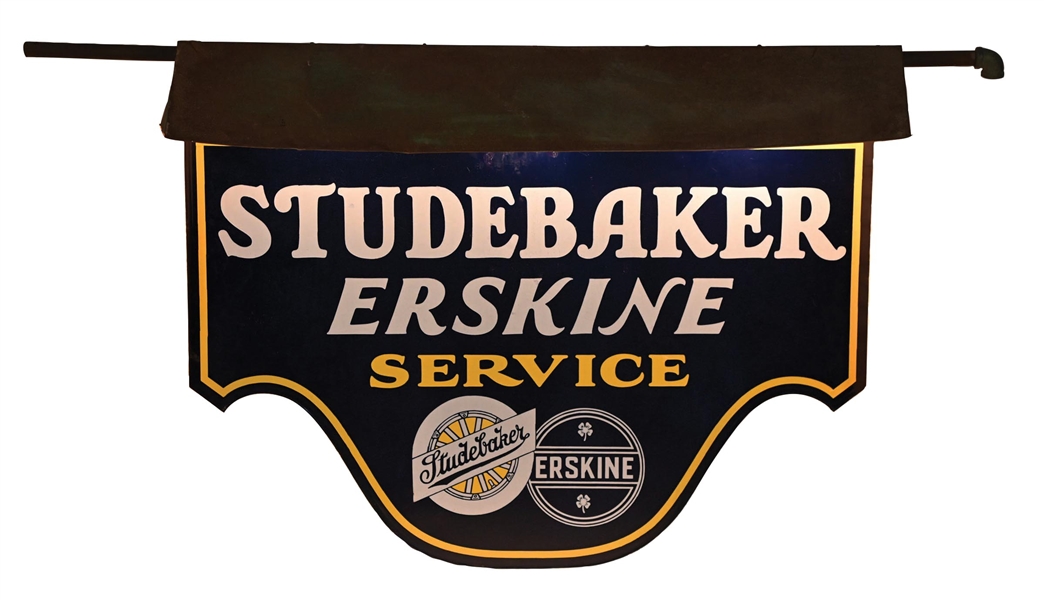 STUDEBAKER ERSKINE SERVICE PORCELAIN SIGN WITH TIN HOOD.