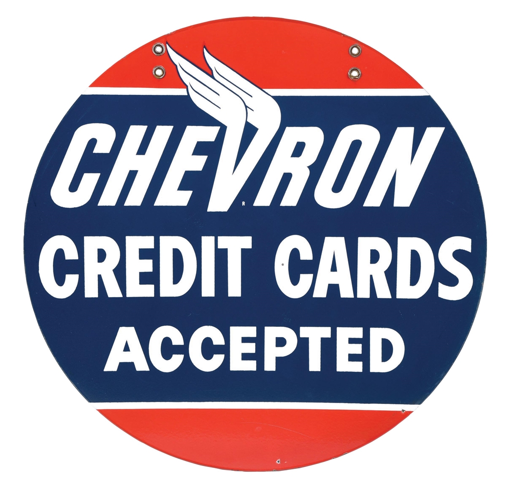 PORCELAIN CEHVRON CREDIT CARDS SIGN W/ WINGED GRAPHIC. 