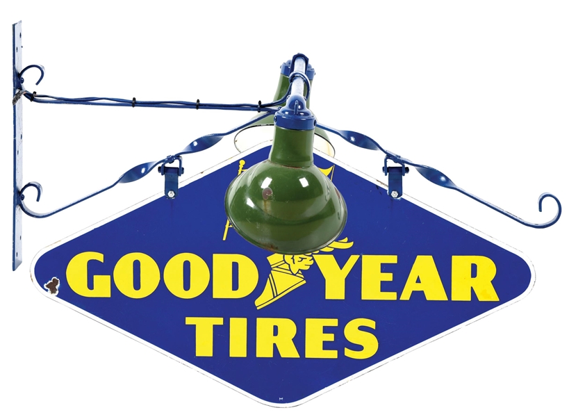 PORCELAIN GOODYEAR TIRES SIGN W/ BRACKET AND LIGHT KIT. 