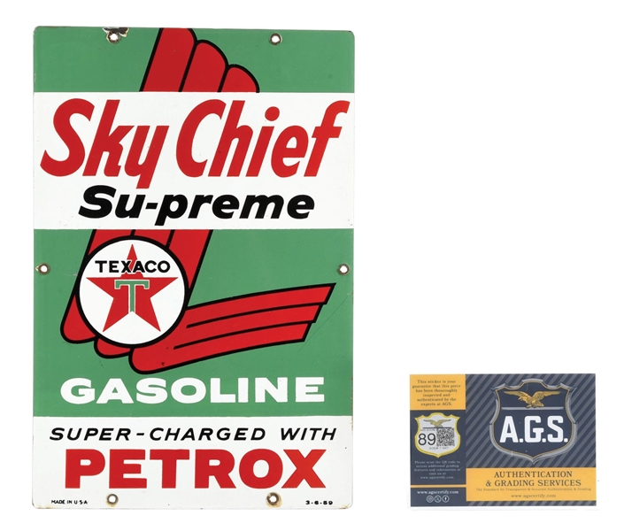 SKY CHIEF SUPREME GASOLINE SUPER CHARGED WITH PETROX PORCELAIN PUMP PLATE. 