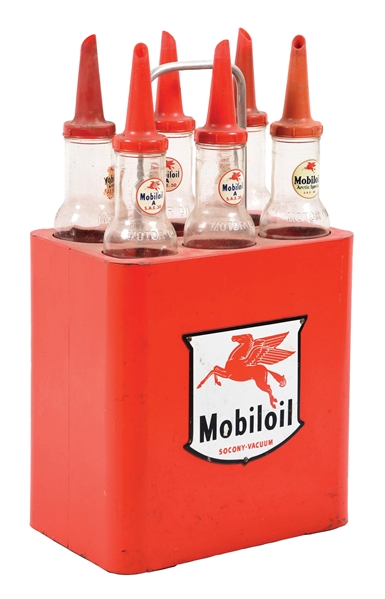 MOBILOIL DISPLAY STAND WITH 6 GLASS OIL BOTTLES.