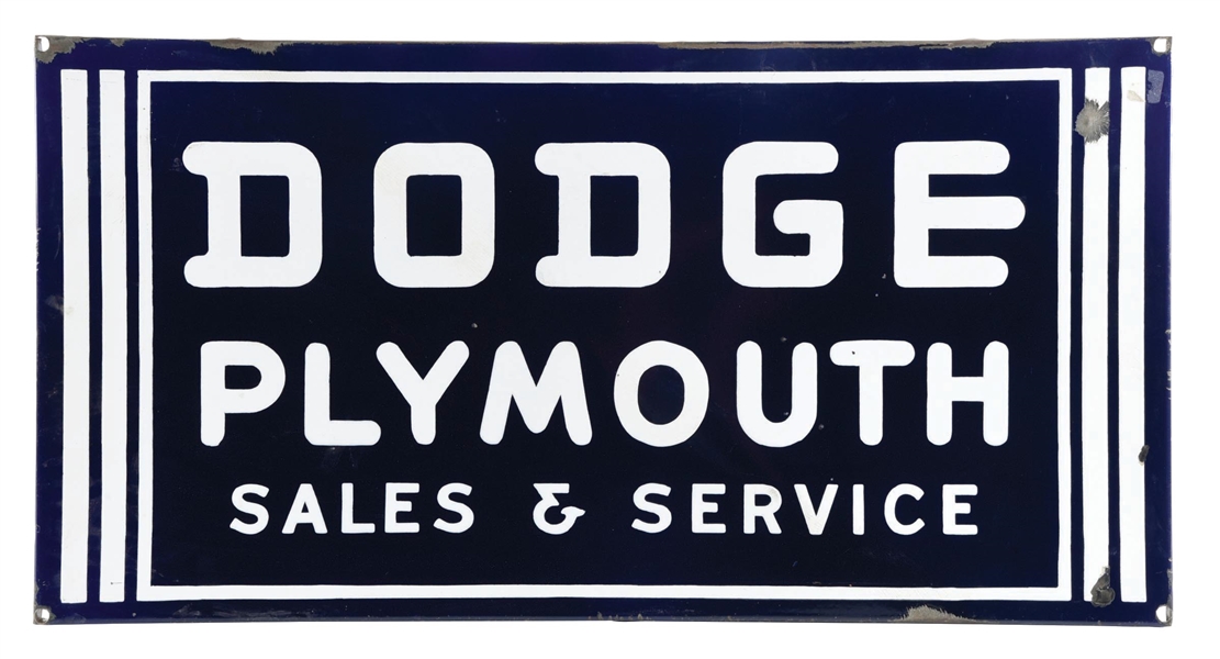 DODGE PLYMOUTH SALES & SERVICE PORCELAIN SIGN W/ COOKIE CUTTER EDGE. 