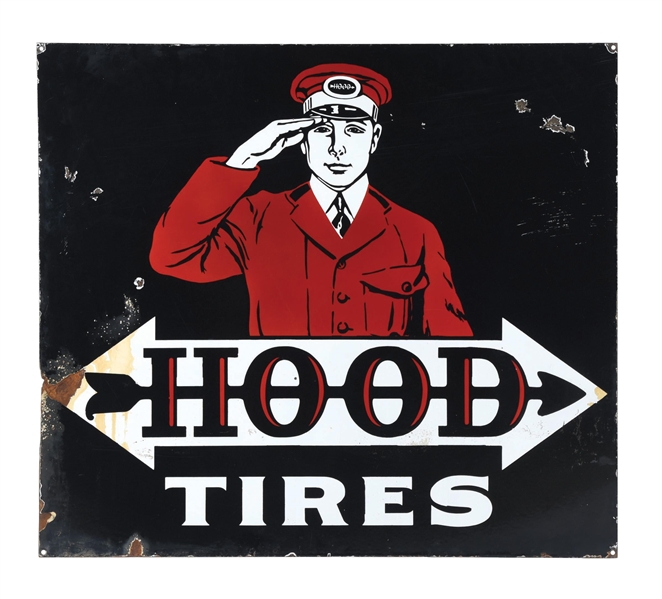 PORCELAIN HOOD TIRES SIGN W/ FLAGMAN GRAPHIC.