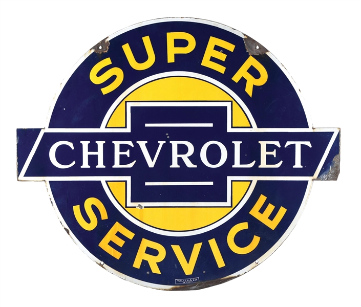 PORCELAIN CHEVROLET SUPER SERVICE DIECUT SIGN.