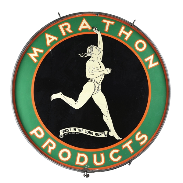 PORCELAIN MARATHON PRODUCTS SIGN W/ RUNNER GRAPHIC.