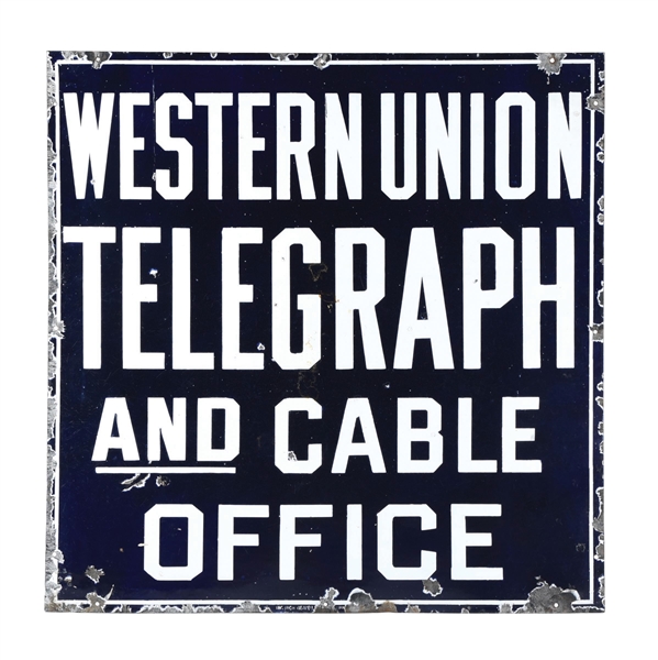 PORCELAIN WESTERN UNION TELEGRAPH OFFICE SIGN.