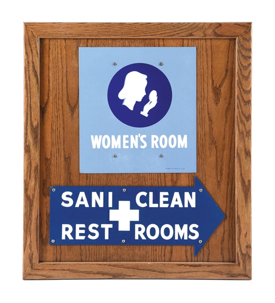 COLLECTION OF 2: PORCELAIN WOMENS ROOM AND "SANI-CLEAN" ARROW SIGNS. 