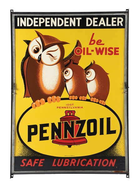 TIN PENNZOIL SAFE LUBRICATION SIGN W/ OWL GRAPHIC.