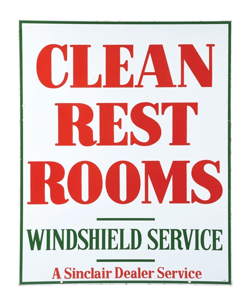 PORCELAIN SINCLAIR CLEAN REST ROOMS SIGN.