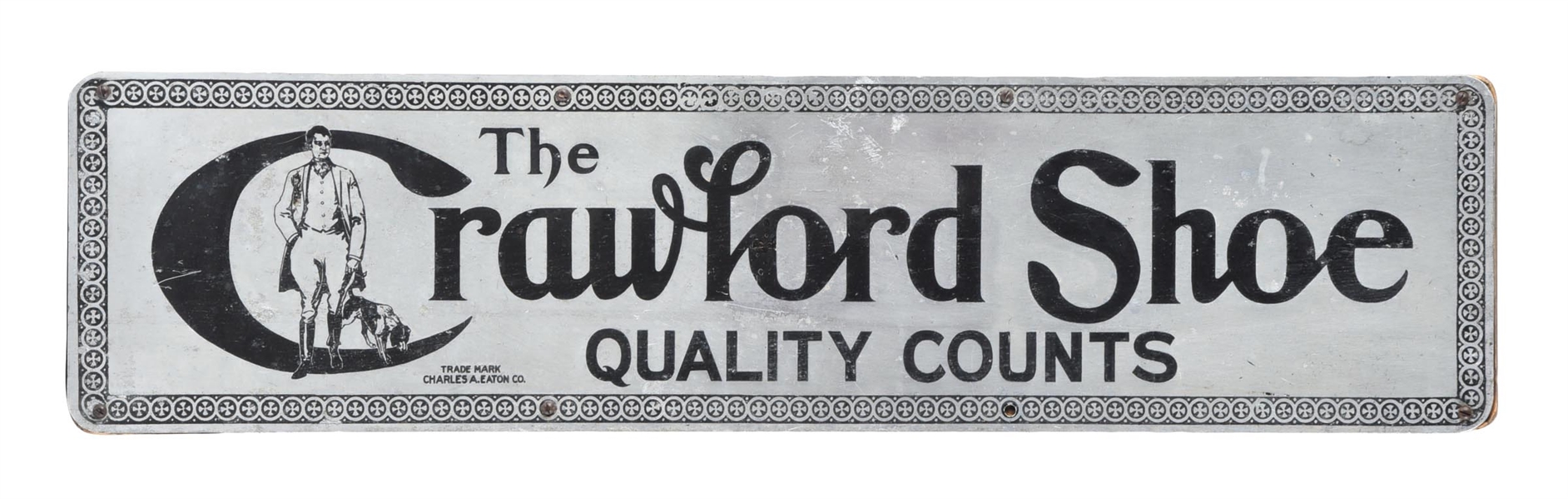 THE CRAWFORD SHOE TIN SIGN W/ ORIGINAL WOOD FRAME. 