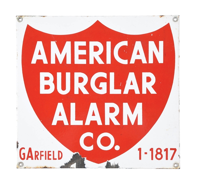 AMERICAN BURGLAR ALARM COMPANY PORCELAIN SIGN W/ SHIELD GRAPHIC. 