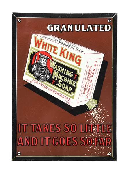 WHITE KING WASHING MACHINE SOAP EMBOSSED TIN SIGN W/ SOAP BOX GRAPHIC. 