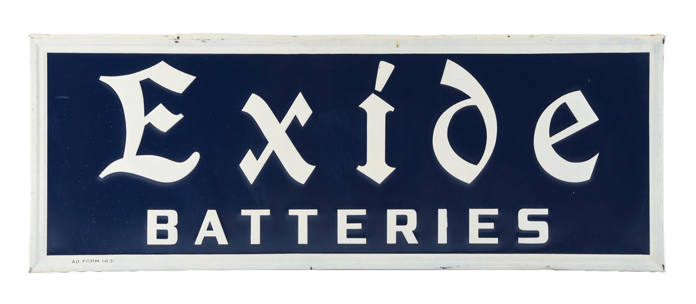 EXIDE BATTERIES EMBOSSED TIN SIGN W/ WOOD BACKING