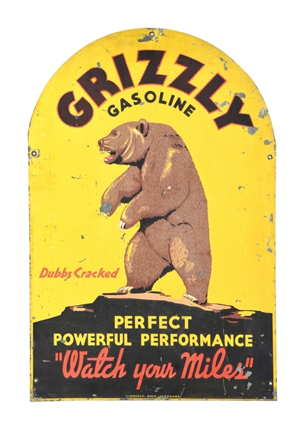 TIN GRIZZLY GASOLINE "DUBBS CRACKED" TOMBSTONE SIGN W/ BEAR GRAPHIC.