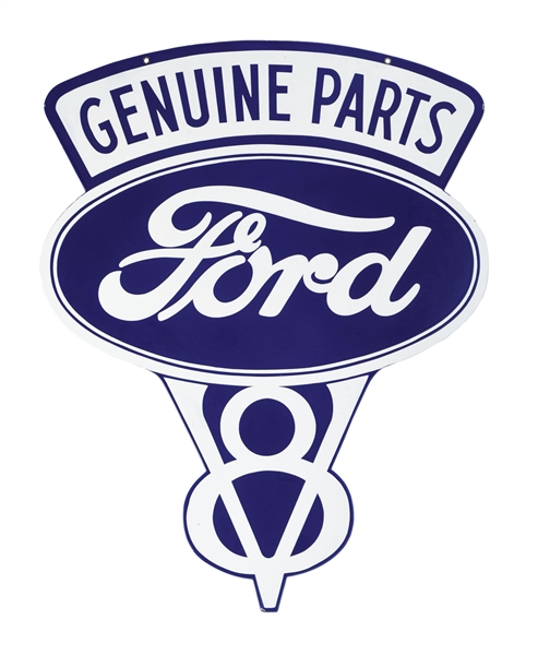 PORCELAIN FORD V-8 "GENUINE PARTS" DIECUT SIGN. 