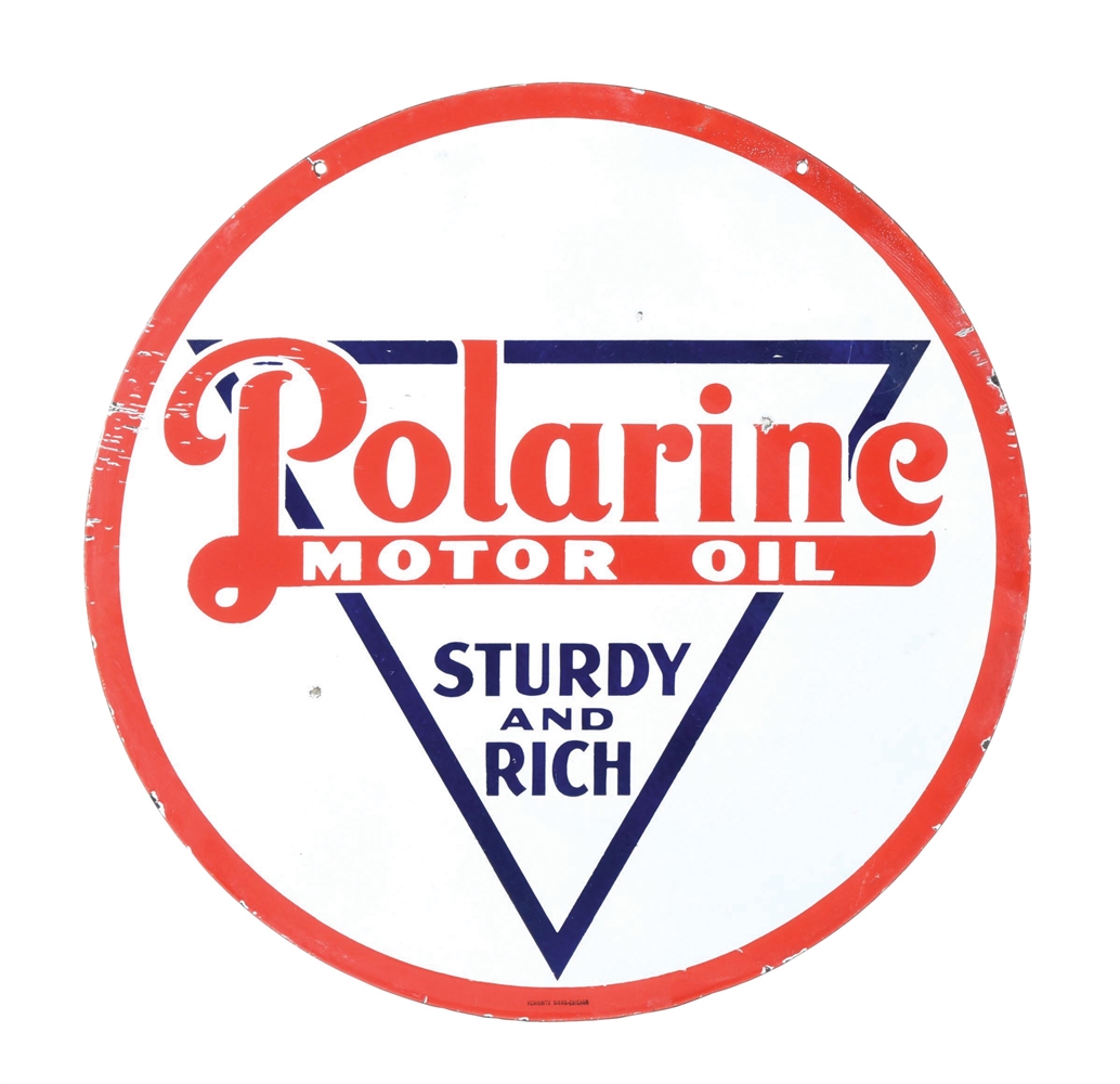 PORCELAIN POLARINE MOTOR OIL "STURDY AND RICH" SIGN.