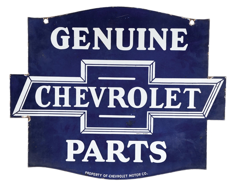 PORCELAIN CHEVROLET GENUINE PARTS SIGN W/ BOWTIE GRAPHIC. 