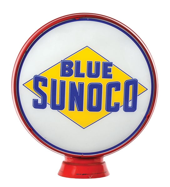 SUNOCO BLUE GASOLINE COMPLETE 15" GLOBE ON METAL LOW PROFILE BODY. 