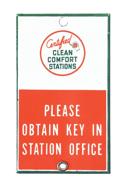 ASSOCIATED CERTIFIED CLEAN COMFORT STATIONS PORCELAIN REST ROOM SIGN. 