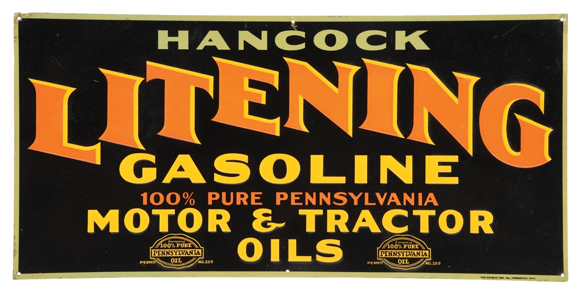 RARE HANCOCK LITENING GASOLINE MOTOR & TRACTOR OILS EMBOSSED TIN SIGN. 